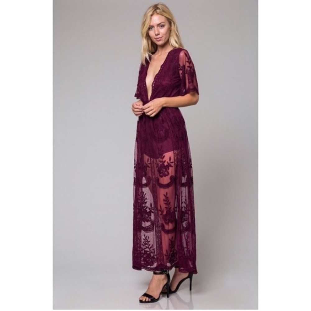 Honey Punch Lace Maxi Dress in Wine